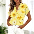 thumbnail image 3 of Women Short Sleeve Button Down Shirt Floral Print Casual Loose Fit Blouse Lightweight Turn Collar Top Yellow L, 3 of 5
