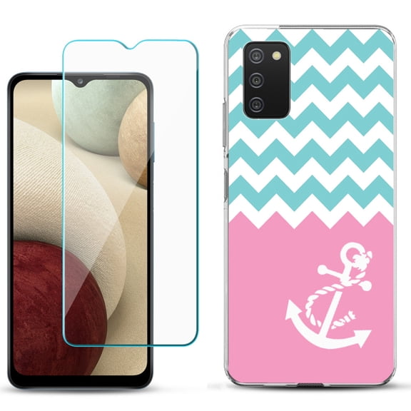 Slim-Fit TPU Phone Case Compatible with Samsung Galaxy A02s, with Tempered Glass Screen Protector, by OneToughShield ® - Chevron/Teal/Anchor