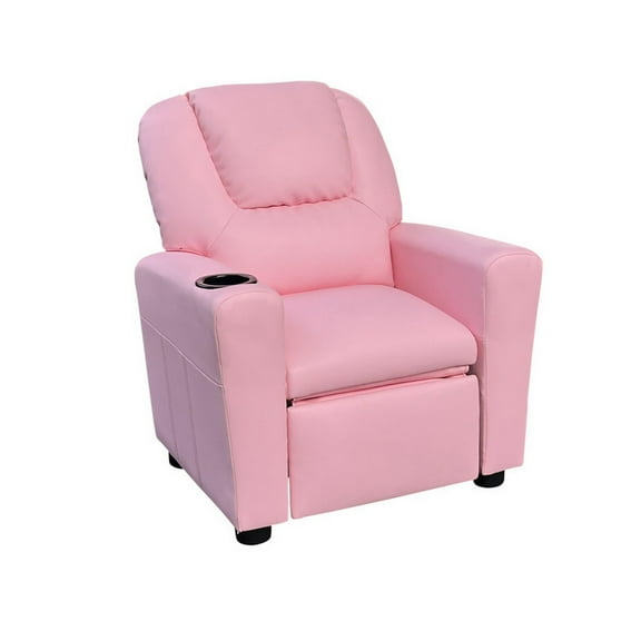 Benjara Nik Youth Recliner Chair, Cup Holder, Padded Seat and Back, Pink