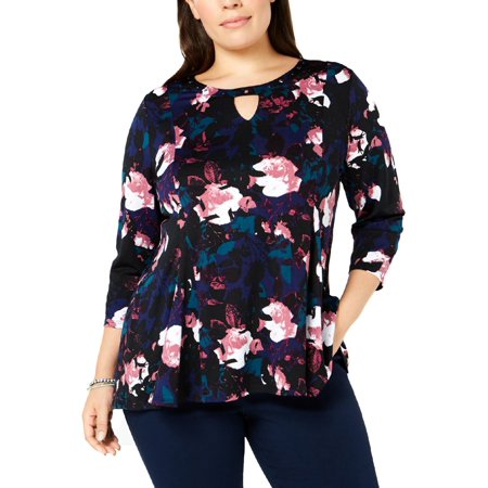NY Collection Plus Size Embellished Trapeze Top Navy 1X