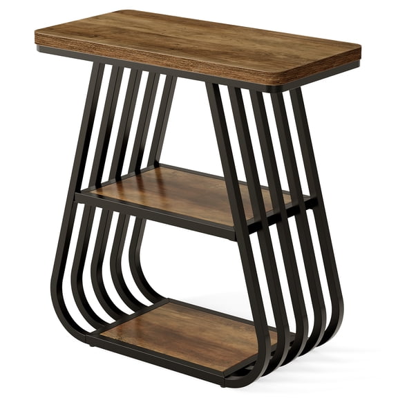 Tribesigns 3-Tier Brown & Black Side Table End Table Industrial Narrow Side Table with Storage Shelf for Small Spaces, Living Room, Bedroom
