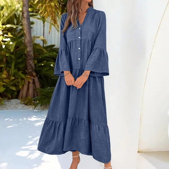 Guieoi Womens Dresses Layered Pleated Loose-Fit Patchwork Long-Sleeve V-Neck Maxi Dress Blue XXL