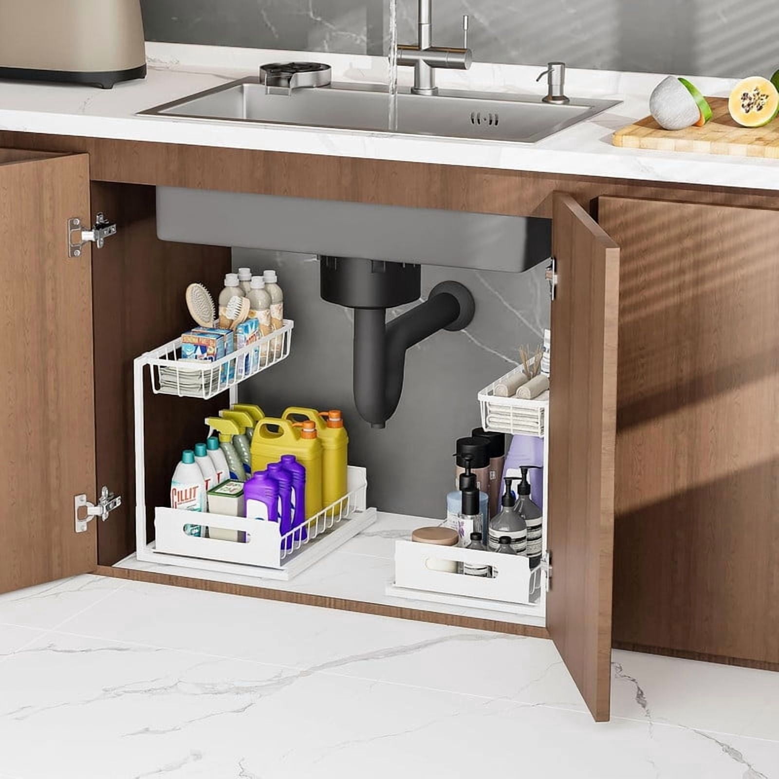 2-Tier L-Shape Under Sink Organizer, Slide Out Metal Kitchen & Bathroom Storage Rack, Kitchen Cabinet Organizer, 1 Pack