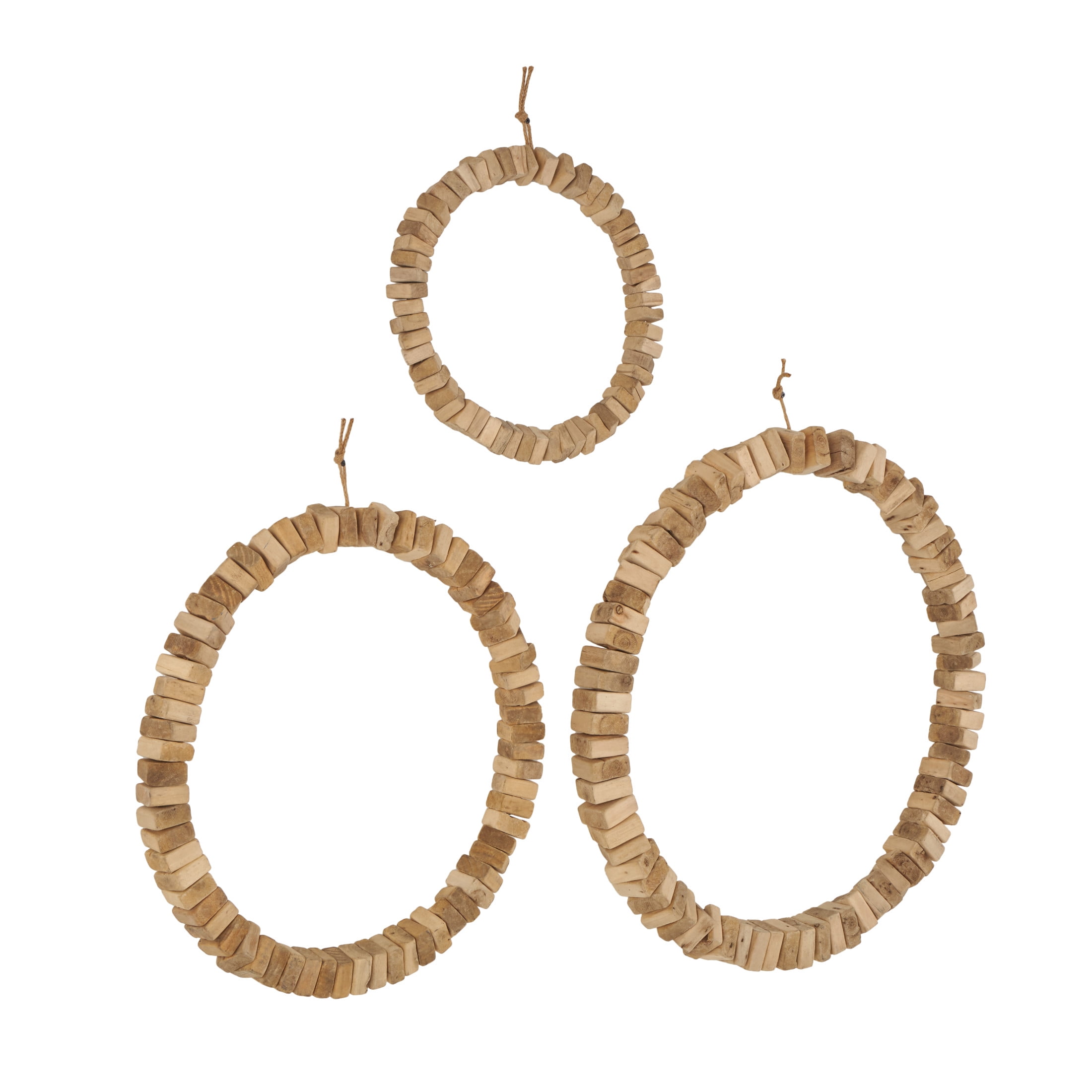 DecMode Brown Wood Beaded Abstract Wall Decor with Hanging Rope (3 Count)