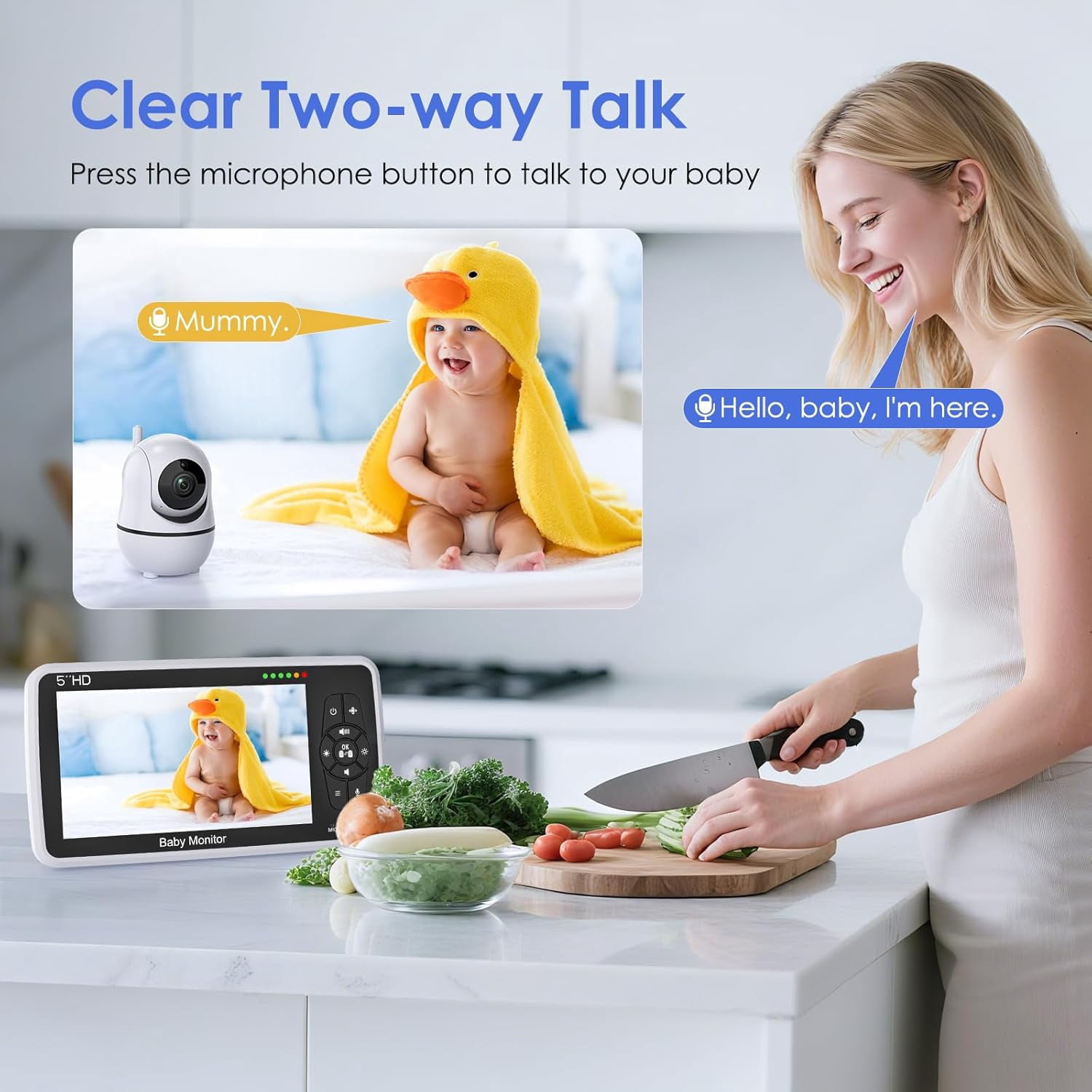 Baby Monitor with Camera and Audio, 5" IPS Display 720P HD, 4000mAh Long Battery Life, Pan-Tilt-Zoom, No WiFi, VOX Mode, Night Vision, 2-Way Audio, Temperature Sensor & Lullabies