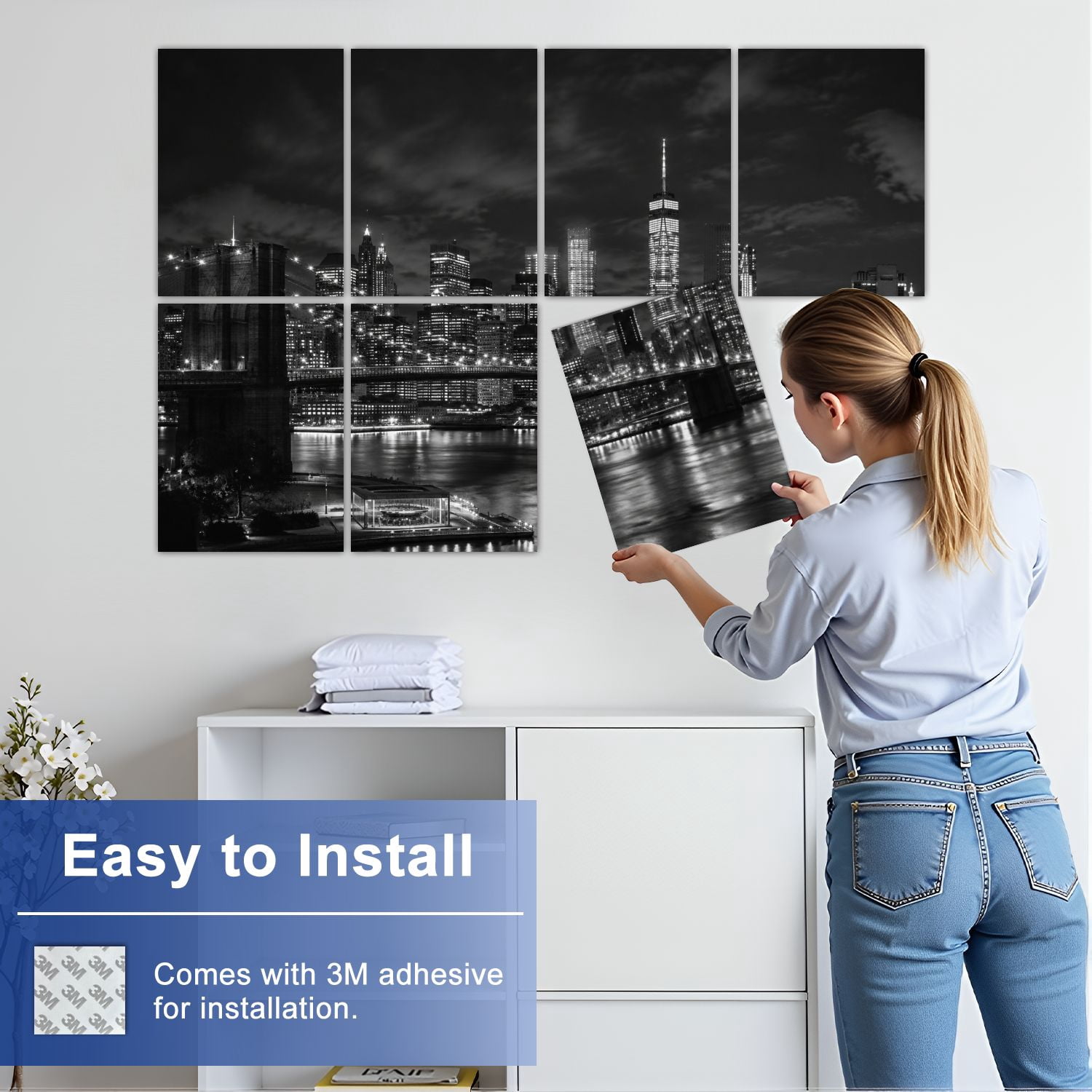 8 Pack Art Acoustic Panels Sound Absorbing Brooklyn Bridge skyline night Decorative Soundproof Wall Panels Self Adhesive for Nursery Game Room Bedroom 48"x32"