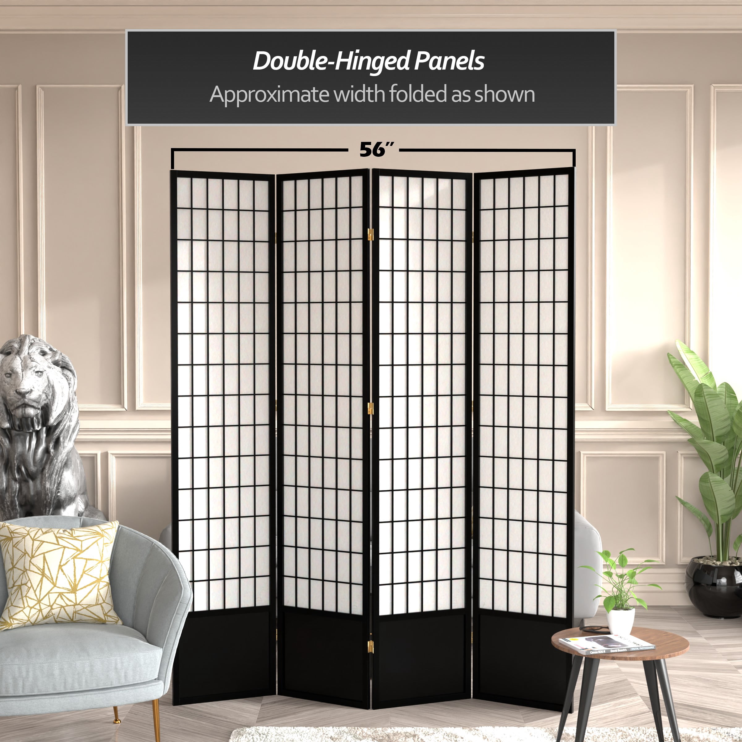 Red Lantern 7 ft. Tall Window Pane Shoji Screen - Black - 4 Panels