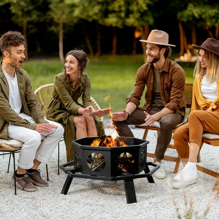 Sgokeen Fire Pit for Outside, 32" Outdoor Wood Burning Firepit with Fireplace Screen, Patio Fireplace Square Metal Stove for Camping, Outdoor Heating, Bonfire and Picnic, Black