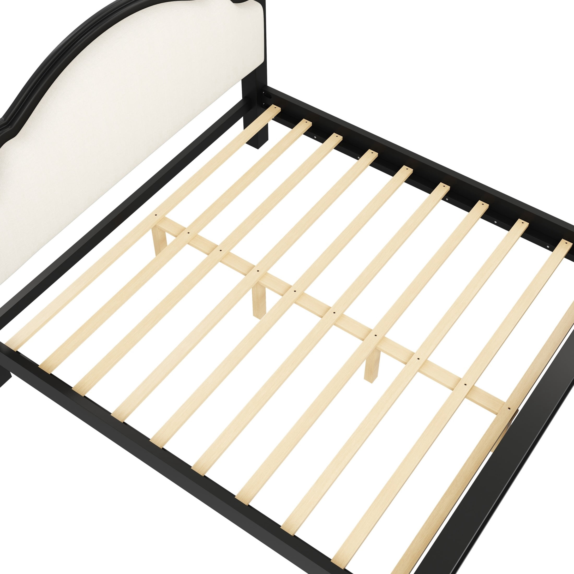 Noble House Caldon King Size Platform Bed, Pine Wood Frame with Curved Upholstered Headboard, Beige and Black