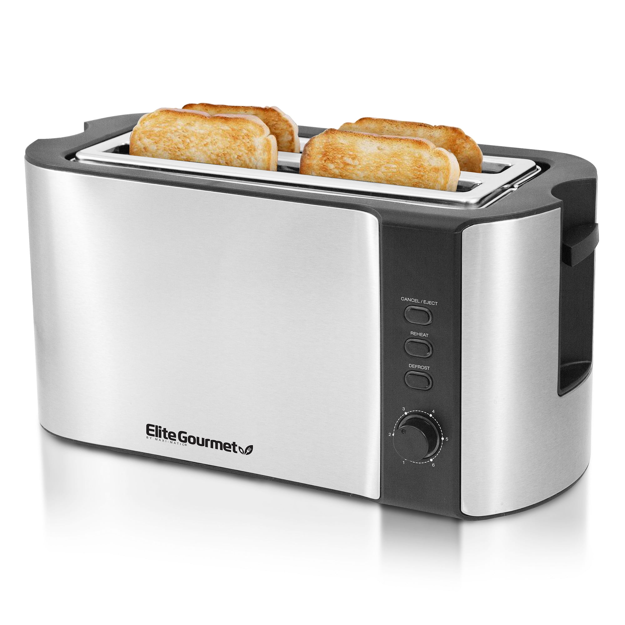 4 Slice 1300 Watts Silver & Black Specialty Breads Reheat Cancel & Defrost Settings Bagels Maxi-Matic ECT-3100 Stainless Steel Long Slot Toaster
