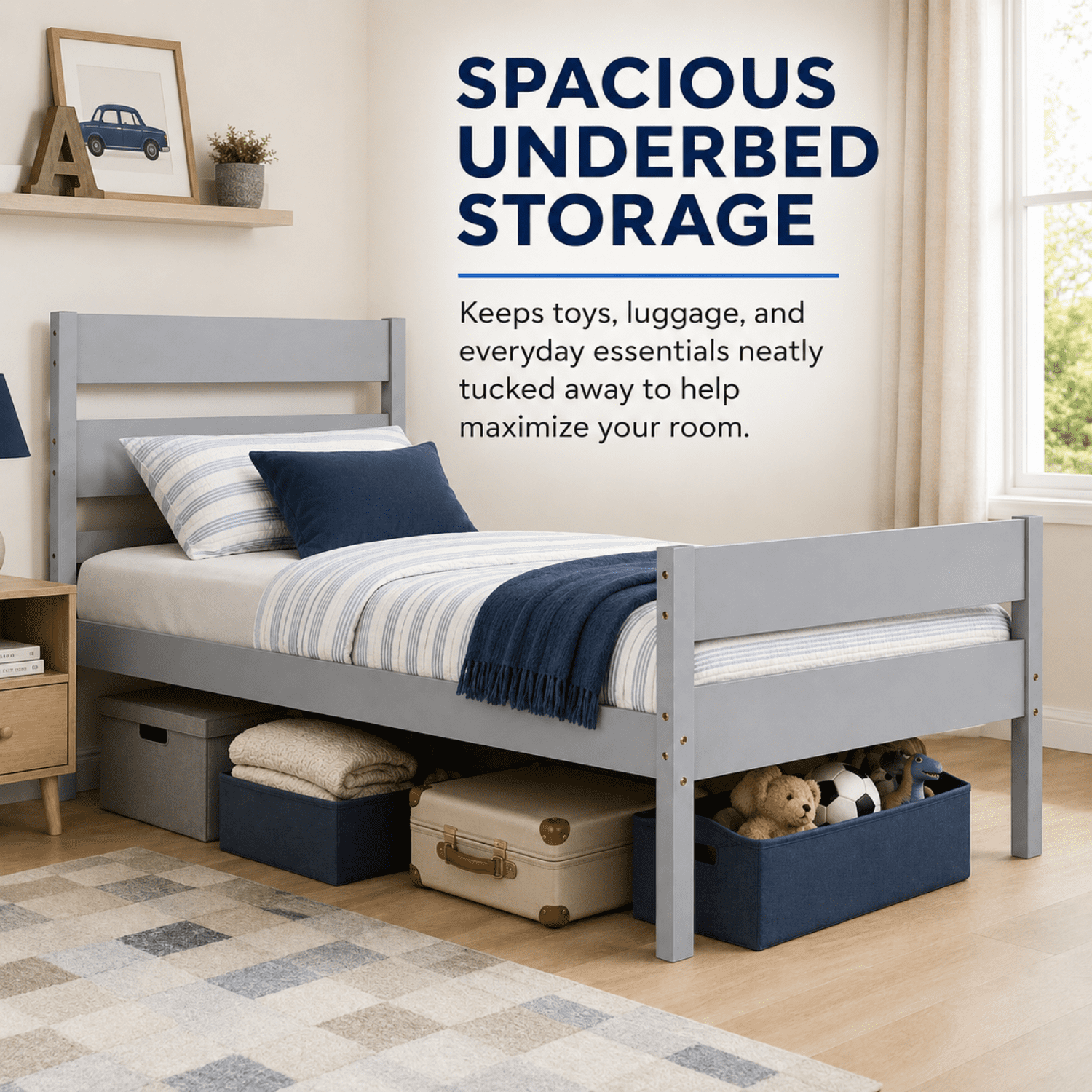 Miniyam Twin Bed Frame, Solid Rubber Wood Platform Bed with Headboard and Footboard, Gray