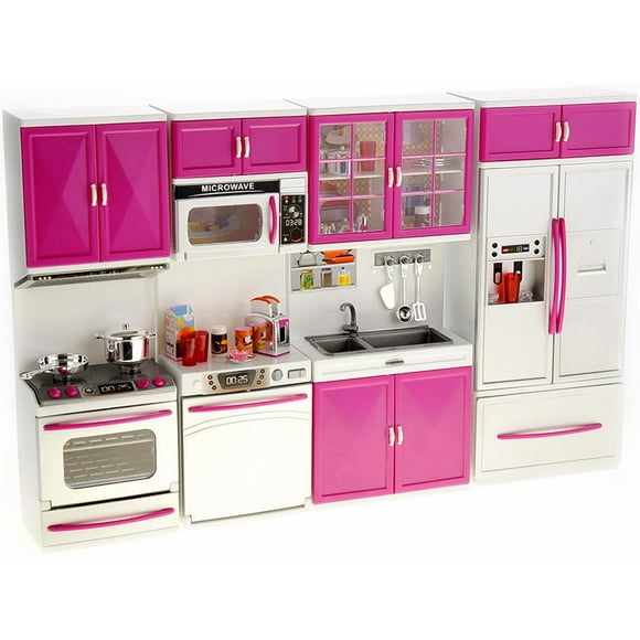 PowerTRC Doll Kitchen Play Set Mini Modern Toy Kitchen Pretend Play Furnitures Toy Set Accessories Set with Realistic Light & Sound for Kids Toddlers Girls (4-in-1)