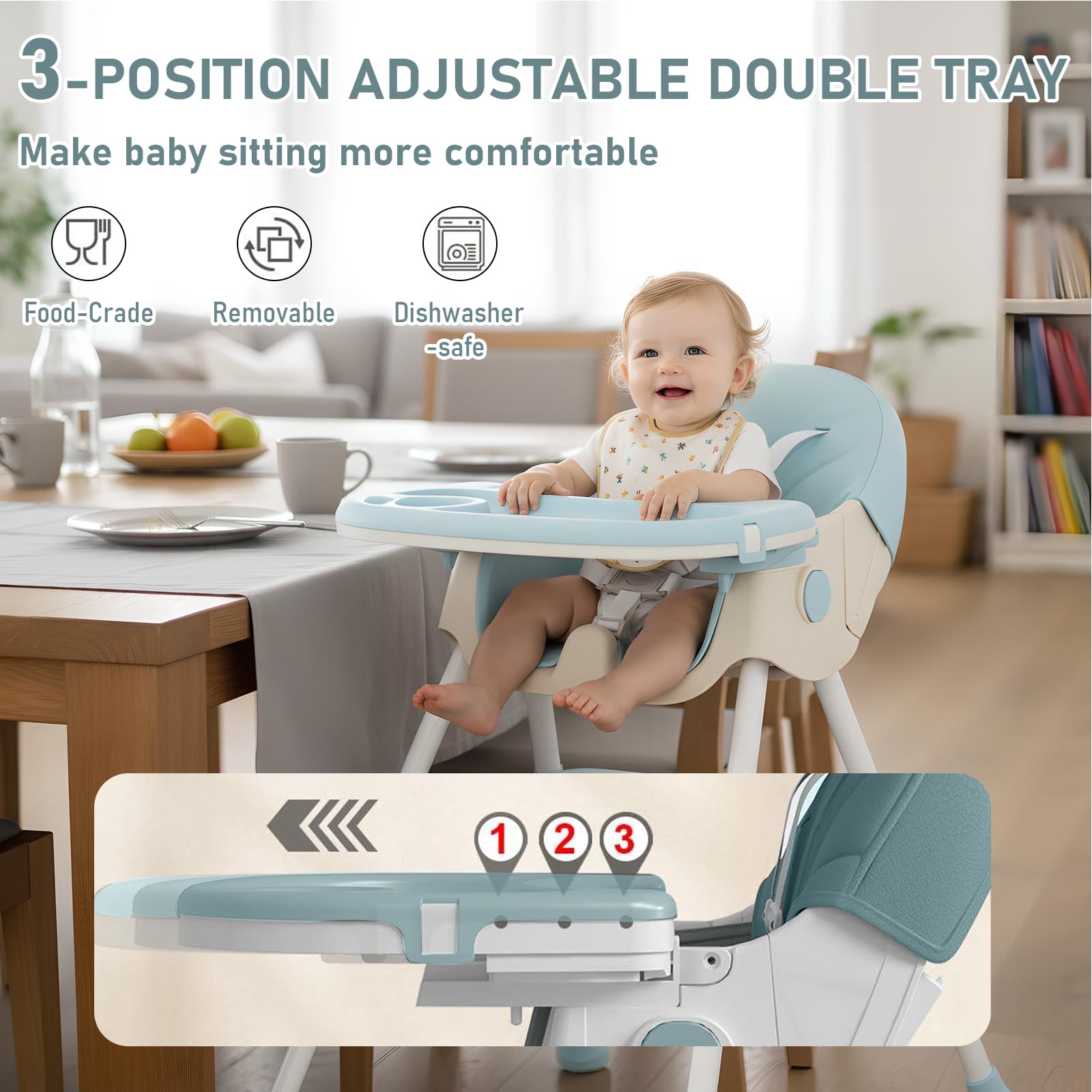 ManyFun-4-in-1 Baby High Chair Portable Toddler Baby Dining Chairs-Dining Booster Seat for Eating-Dinner Plate and Toy Rack,Light Blue