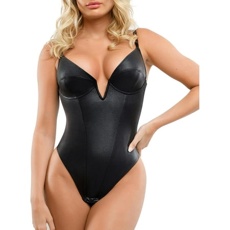 SMZ Popilush Shapewear Bodysuit Tummy Control - Faux Leather Bodysuit Deep V Neck Thong Sleeveless Black