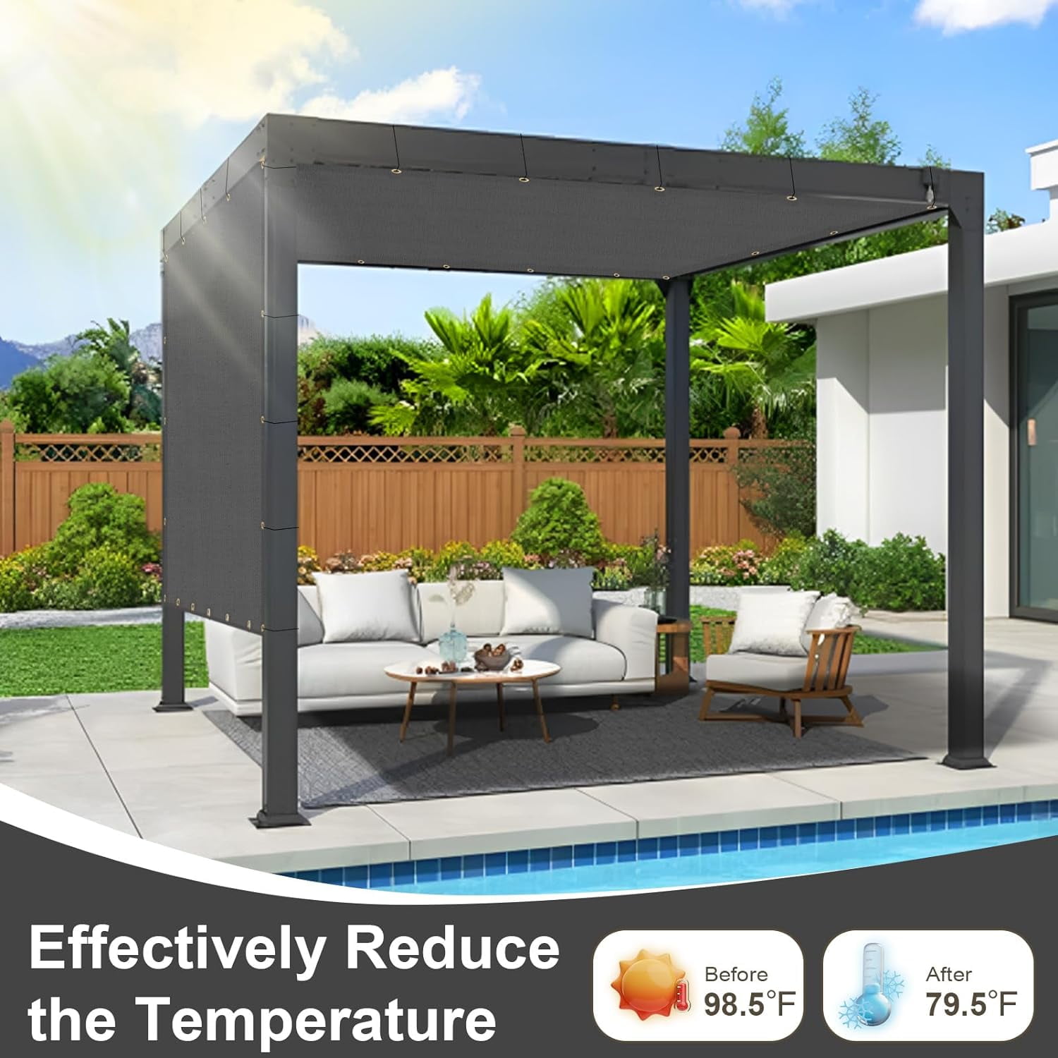 LOVE STORY 8' x 8' Sun Shade Cloth with Grommets 95% UV Protection Pergola Shade Cover for Outdoor, Dark Gray