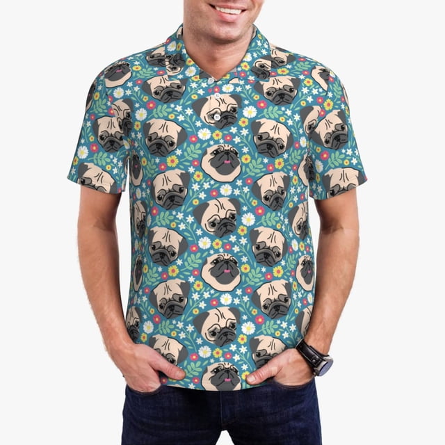 Balery PUG HEAD And Flower Camisa Polo de Hombre con Estampado, de Manga Corta y Tejido Medio, Camisa Tipo Golf Polo-4X-Large