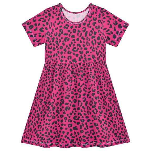 Red Leopard Print Short Sleeve Dress A-Line Cute Midi Casual Sundress 2-8 Years