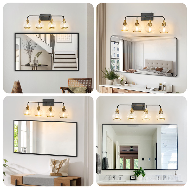 31" Modern Black and Gold 4-Light Bathroom Vanity Light Fixture, Clear Glass Shades Wall Sconce for Mirror, Living Room, or Vanity (Bulbs Not Included)