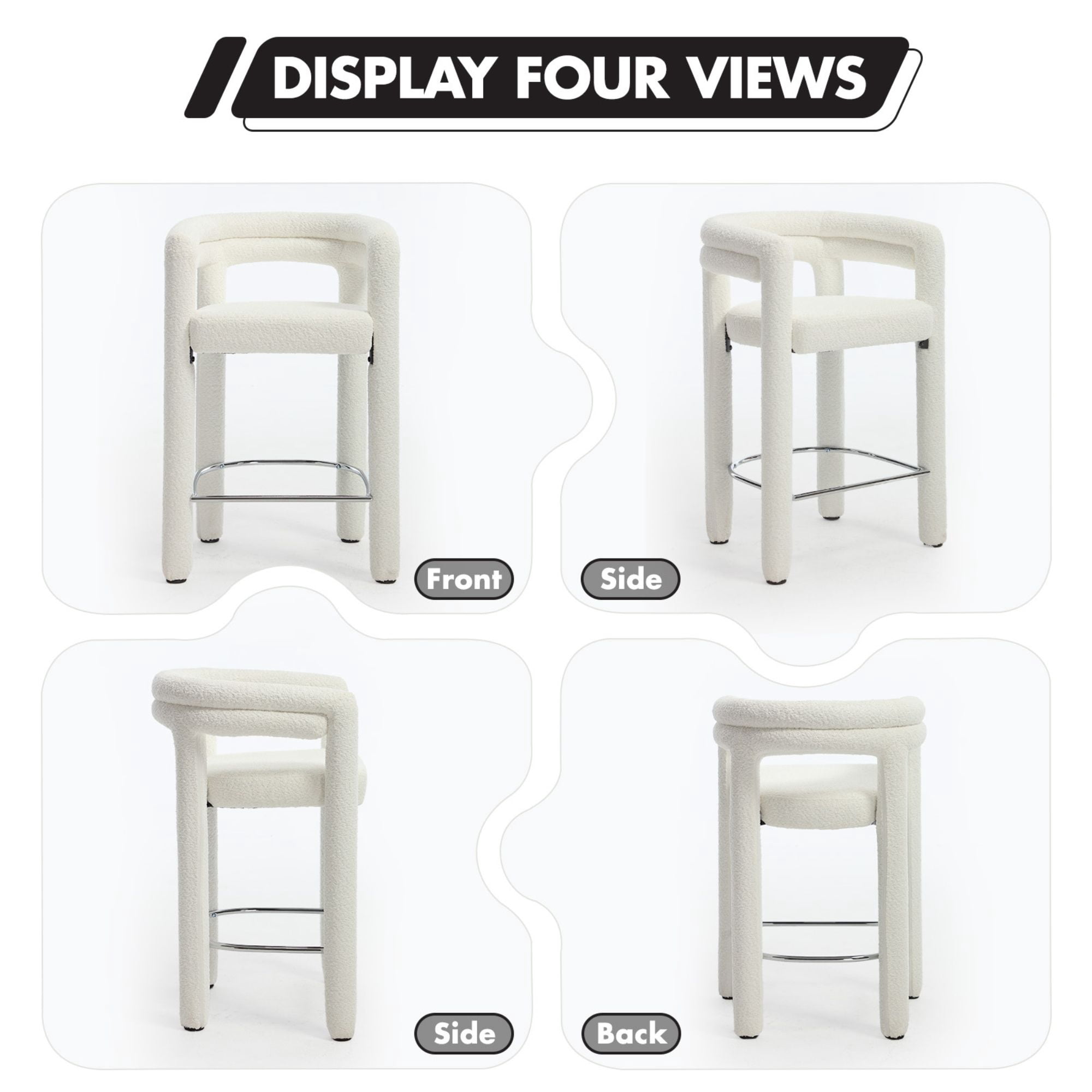 Dayalane 26" Counter Height Bar Stools Set of 1, Modern Sherpa Barrel Barstools with Back and Armrests, Stainless Steel Footrest for Kitchen Island, White