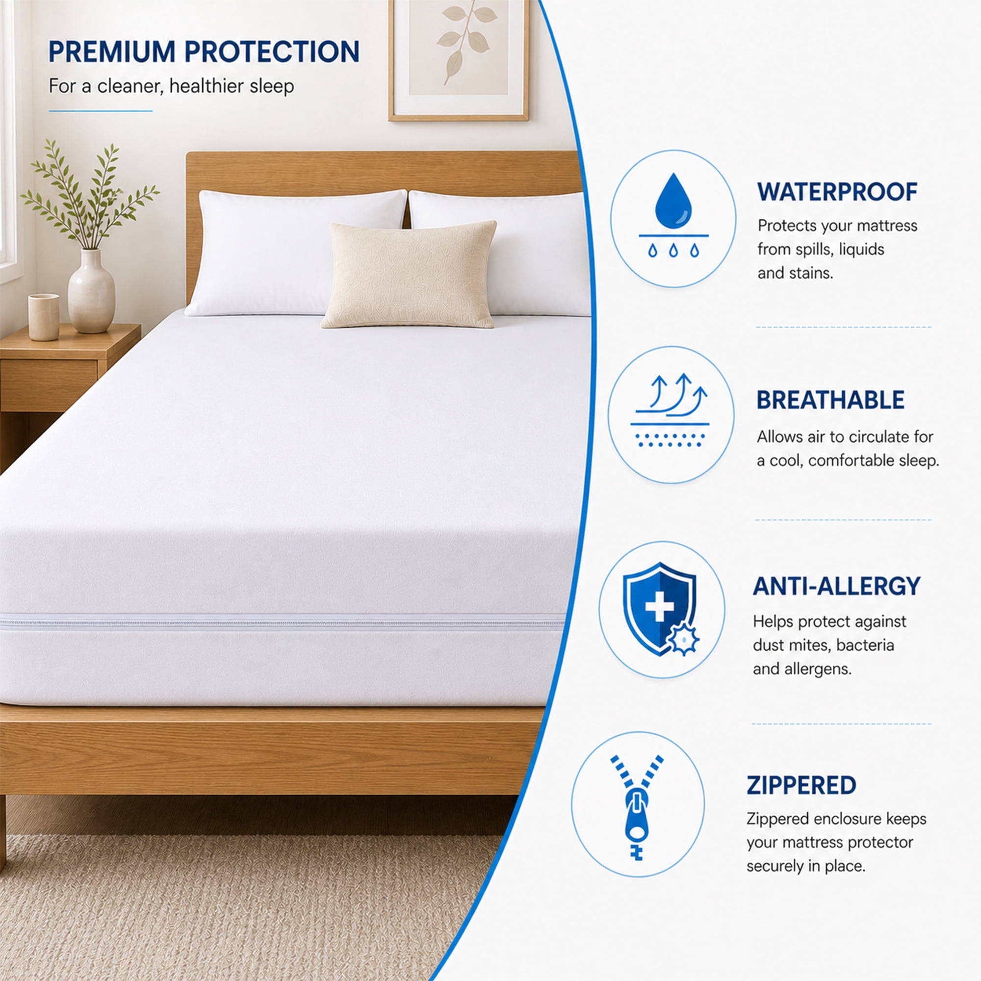 Continental Sleep, 10 to 14-Inch Ultra Soft-Premium Zippered Mattress Protector Cover, Water Resistant, Breathable and noiseless, Queen, White