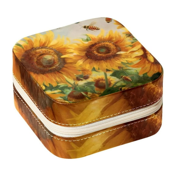 PhooArto Small Jewellery Box, Booming Sunflower Bees Portable Travel Mini Jewelry Case for Women Leather Ring Organizer