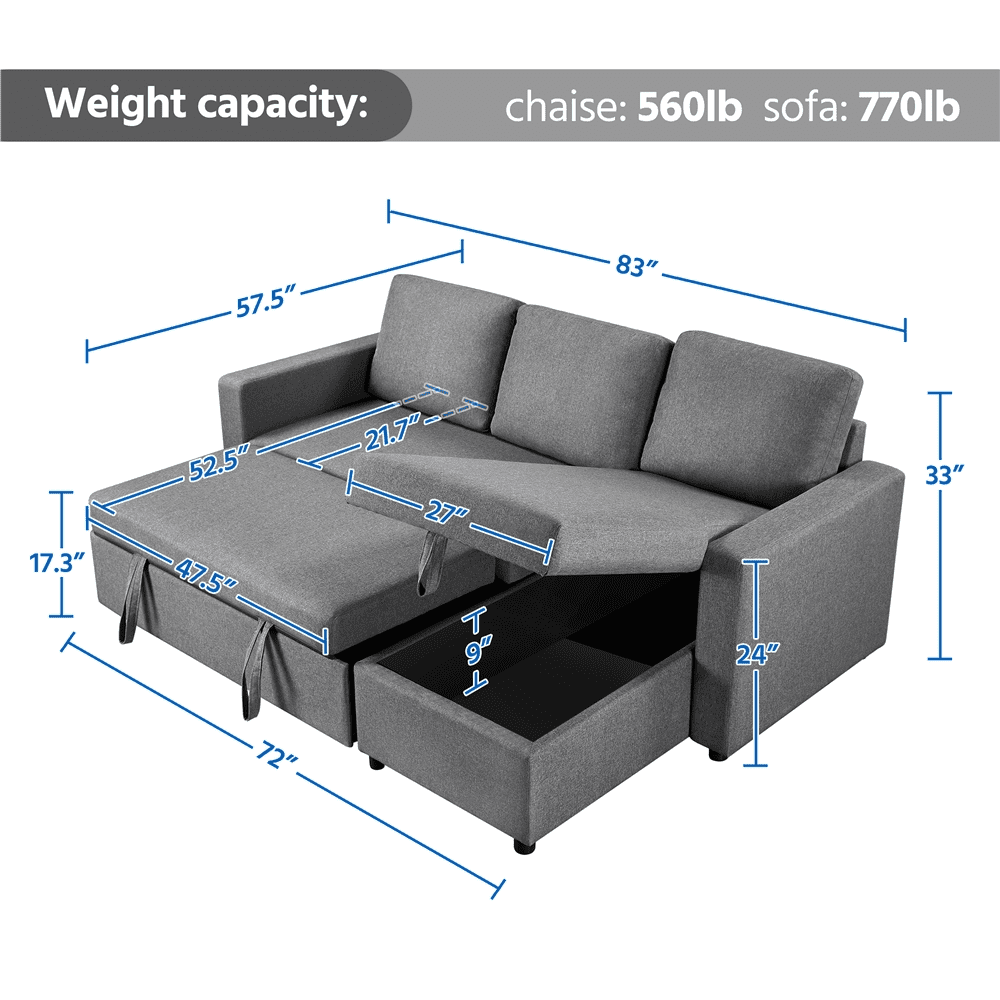 Renwick L-Shaped Reversible Sleeper Sectional Sofa with Chaise and Storage, Light Gray