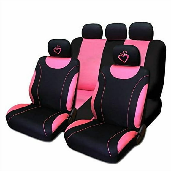 Yupbizauto NEW Pink Flat Cloth Front and Rear Car Seat Covers with Embroidery Heart Headrest Covers for Women