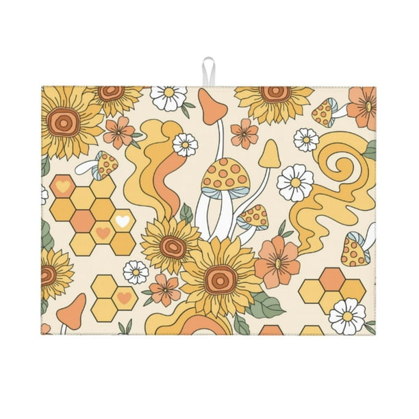 Fotbe Groovy Hippie Flower Mushrooms Alfombrilla de Secado para Cocina con Estampado, 18x24 Pulgadas