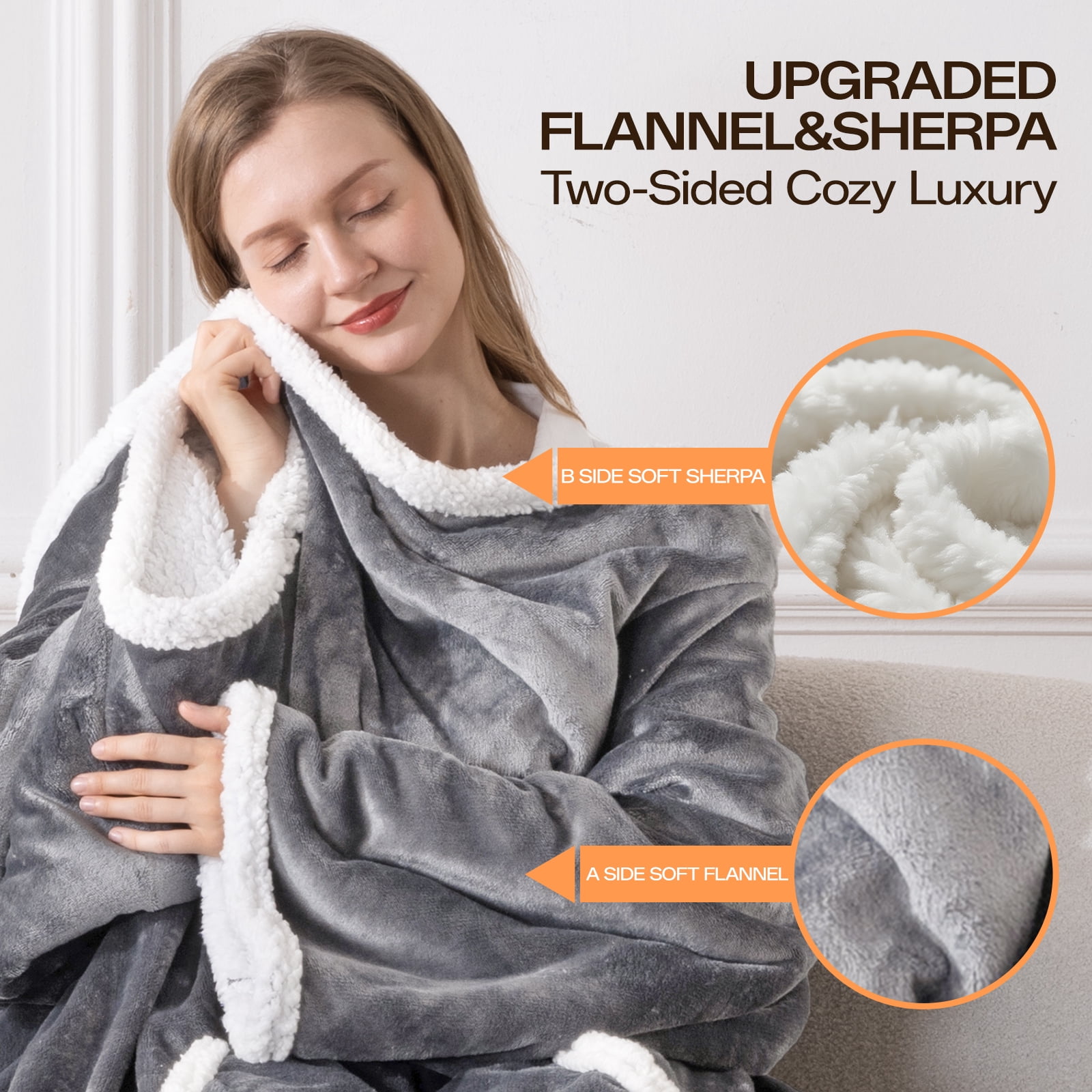 ELEKA Wearable Heated Blanket with Foot Pocket，Electric Blanket with Sleeves，6 Heating Levels,12 Hours Heating Time Settings，Drak Gray，52*72