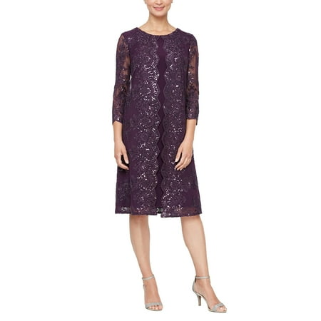 Alex Evenings Short Embroidered Mock Jacket Dress (Womens, Eggplant, 8)