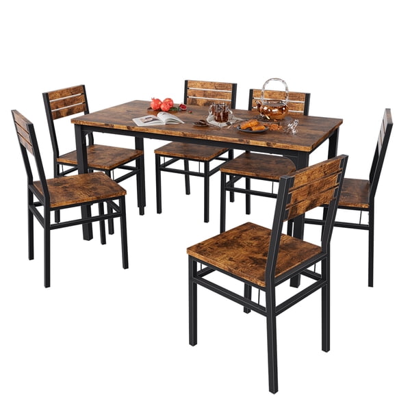 Juego de Comedor 7 Piezas Mesa y 6 Sillas Tapizadas, Tablero Nogal Claro Recubierto PVC, Estructura Metálica Pintura Negra Texturizada