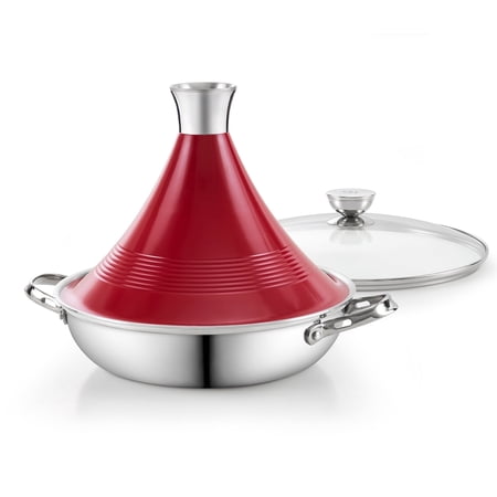 DM Multi-Ply Clad Stainless Steel Tagine Pot, 11 Inch 3.6 Quart Moroccan Clay Tagine Pot Alternative, Traditional Cooking Pot with Die-Cast Aluminum Red Conical Lid and Stainless Steel Knob