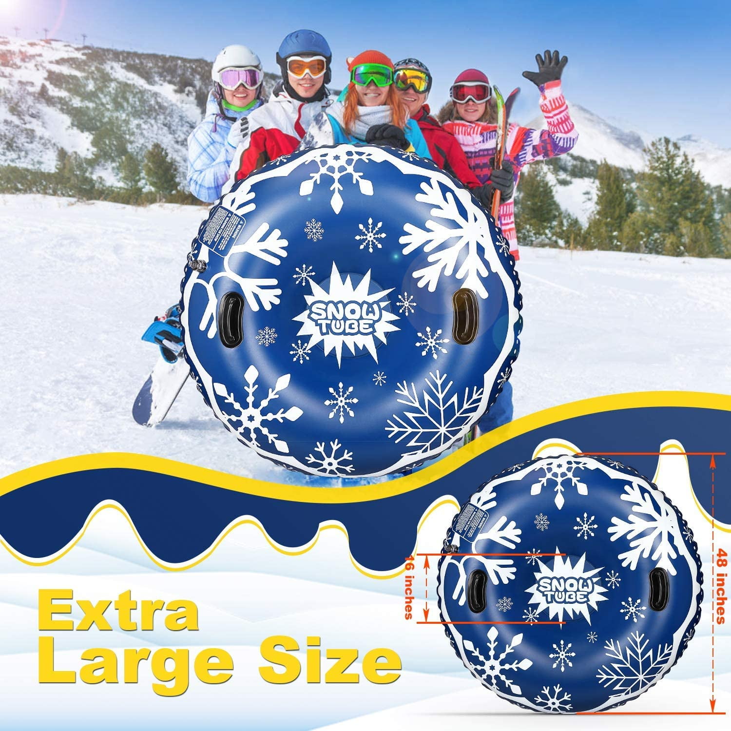 Upgraded 48 Inch Snow Tube No More Popped with Thicker 0.8mm Military Grade Material Inflatable Snow Sled for Kids and Adults Durable Sledding Tubes Extra Large Heavy Duty Inflatable Snow Tube 