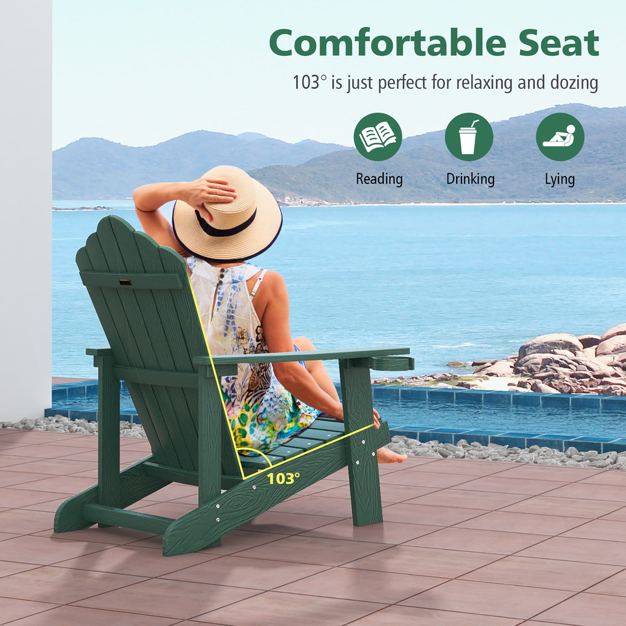 Gymax Patio HIPS Outdoor Weather Resistant Slatted Chair Adirondack Chair w/ Cup Holder Dark Green
