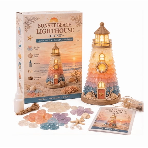 Beginner-Friendly DIY Lighted Sea Glass-Style Lighthouse Kit Collection | DIY Handmade Coastal Decor Gift for Adults, Moms & Craft Lovers Sunset Beach