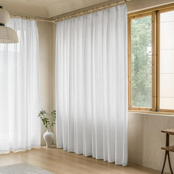 White Linen Blend Curtains 120 Inches Long Pinch Pleat Curtains Semi Sheer, Light Filtering Pleated Drapes with Hooks for Living Room Sliding Glass Door 1 Panel, 54" W x 120" L