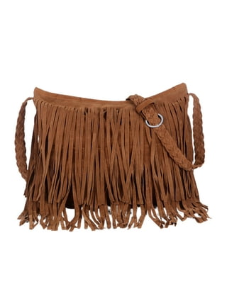 Fringed Wool Accented Suede Handbag in Golden Brown - Golden Brown Fringe