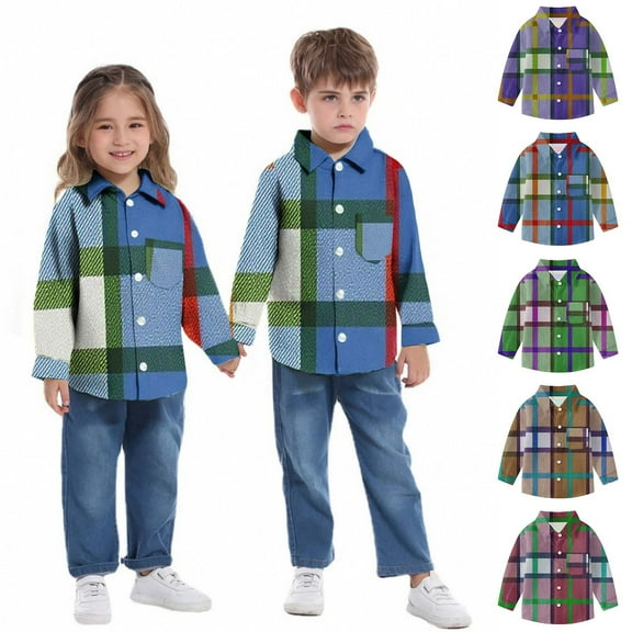 MKOSPLRT Toddler Kids Plaid Button Down Shirts 6M-8Y Girls Boys Lapel T Shirts Long Sleeve Color Block Flannel Print Shirts with Pocket