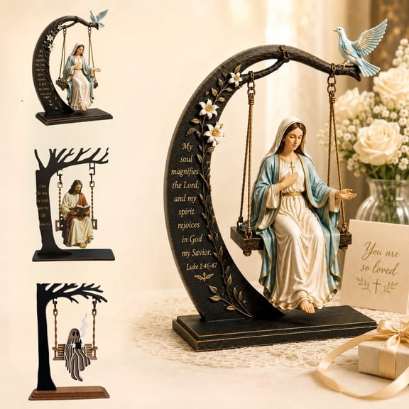 Blessed Mary Cradle Swing Ornament, Virgin Mary Statue, Tabletop Decor Figurine, Christian Faith Home Decoration for Prayer Room Church, Gifts for Faith Believers Men Women