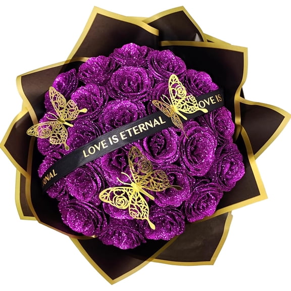 Purple Glitter Rose Bouquet Birthday Gifts - Women Gifts for Her Mother's Day Anniversary Wedding - DIY 24pcs Eternal Rose Flowers Bouquet Gifts for Mom Wife Grandma Girlfriend Daughter Sister