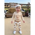 thumbnail image 4 of RUINIXCW Western Baby Boy Cowboy Outfit Newborn Baby Boy Hospital Going Home Outfit Spring Fall Clothes Highland Cow Print Rompers and Pants Horn Hat Set, 4 of 9