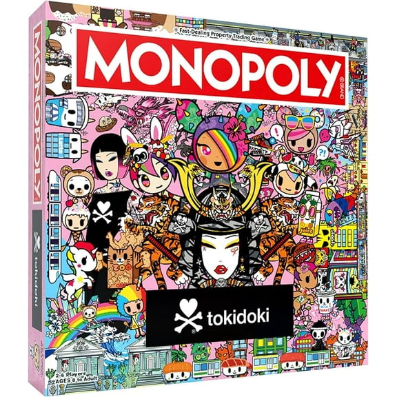 MONOPOLY: tokidoki Board Game, Buy, Sell & Trade Characters like Donutella, Mozzarella, & Stellina, Includes 6 Collectible Mover Tokens - Cactus Dog, Sirena, Adios & More,