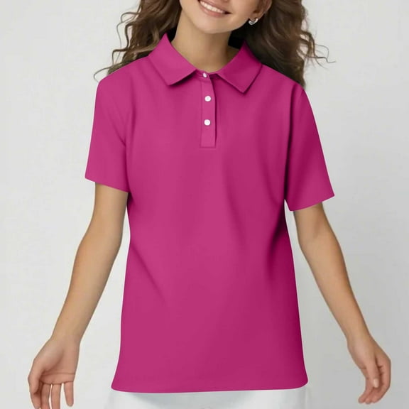 HAJWOH Girls Polo Uniform Shirts Size 5-6 Short Sleeve Top Casual Button Tennis T-Shirts 2025 New Collared Golf Polo Shirt Lightweight Clothing Hot Pink 5-6 Years