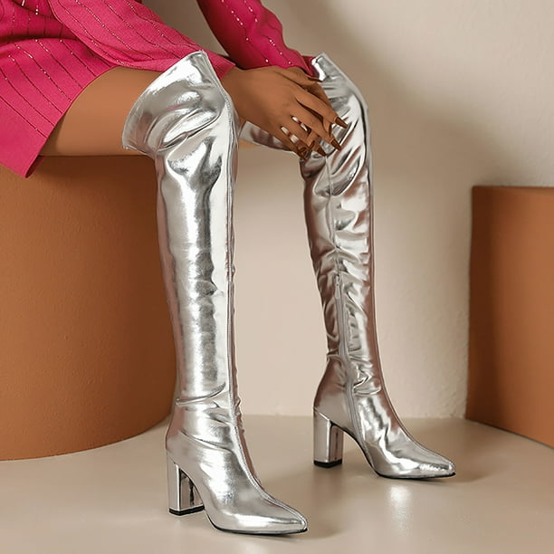 Mepaouo Women Thigh High Boots Heel Stretchy Sexy Glitter