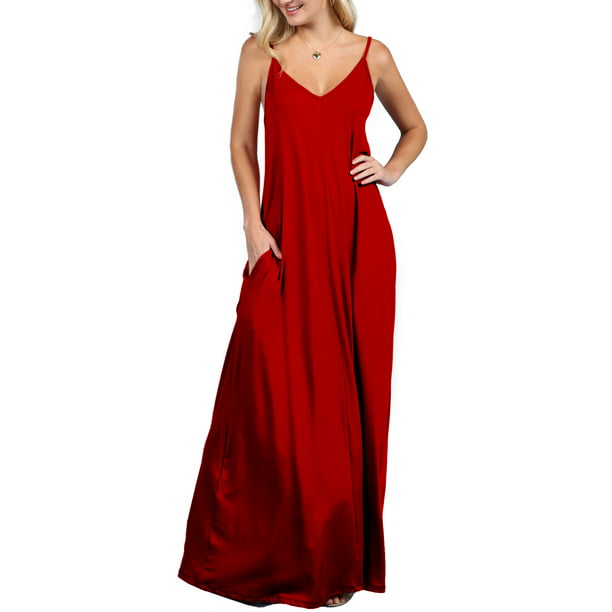 Doublju Women's Spaghetti Strap Maxi Dress with Pockets (Plus Size ...