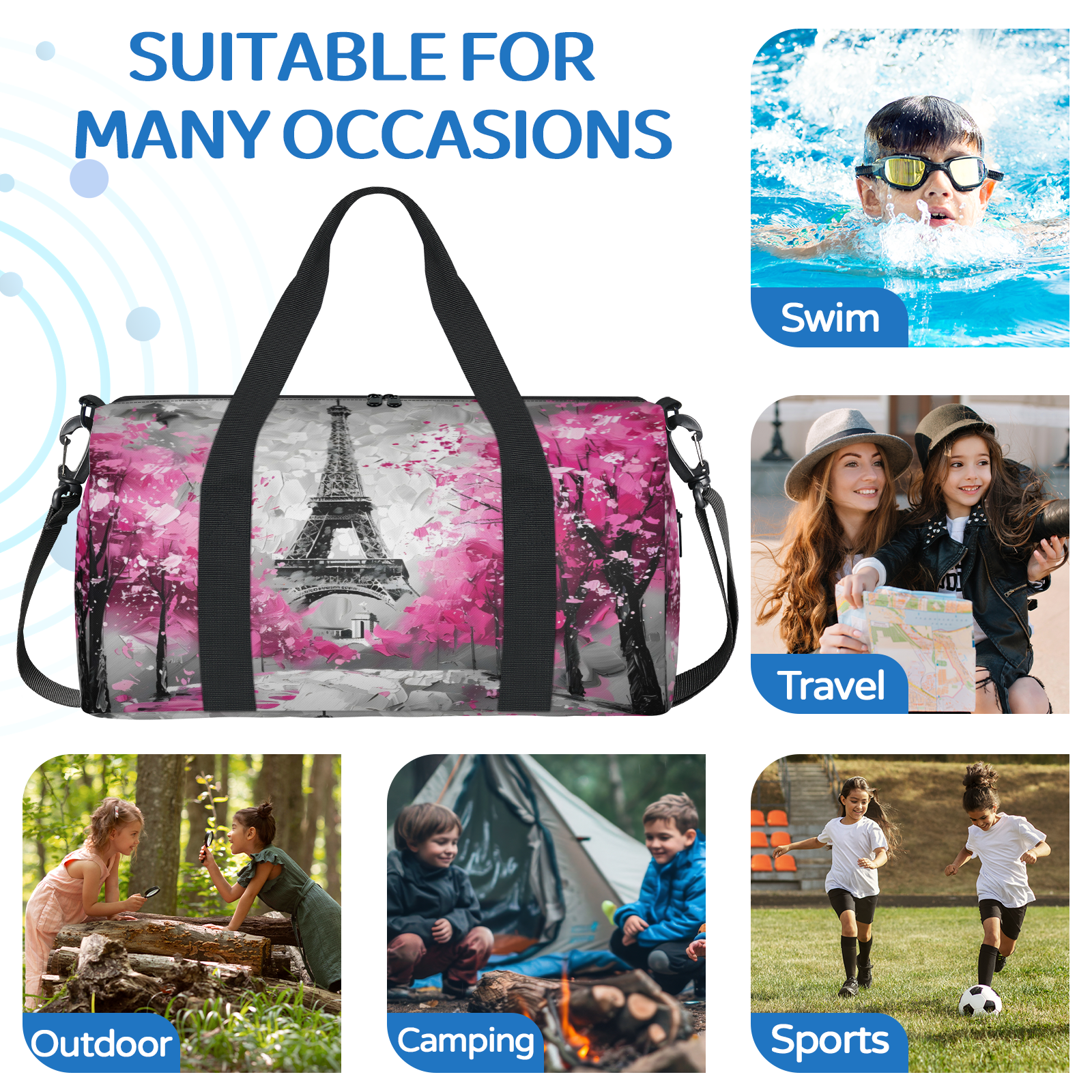 Herdesigns Paris Eiffel Tower Travel Duffle Bag Sports Yoga Weekender Overnight Carry on Workout Bags Lightweight Waterproof Gym Tote Bag for Women