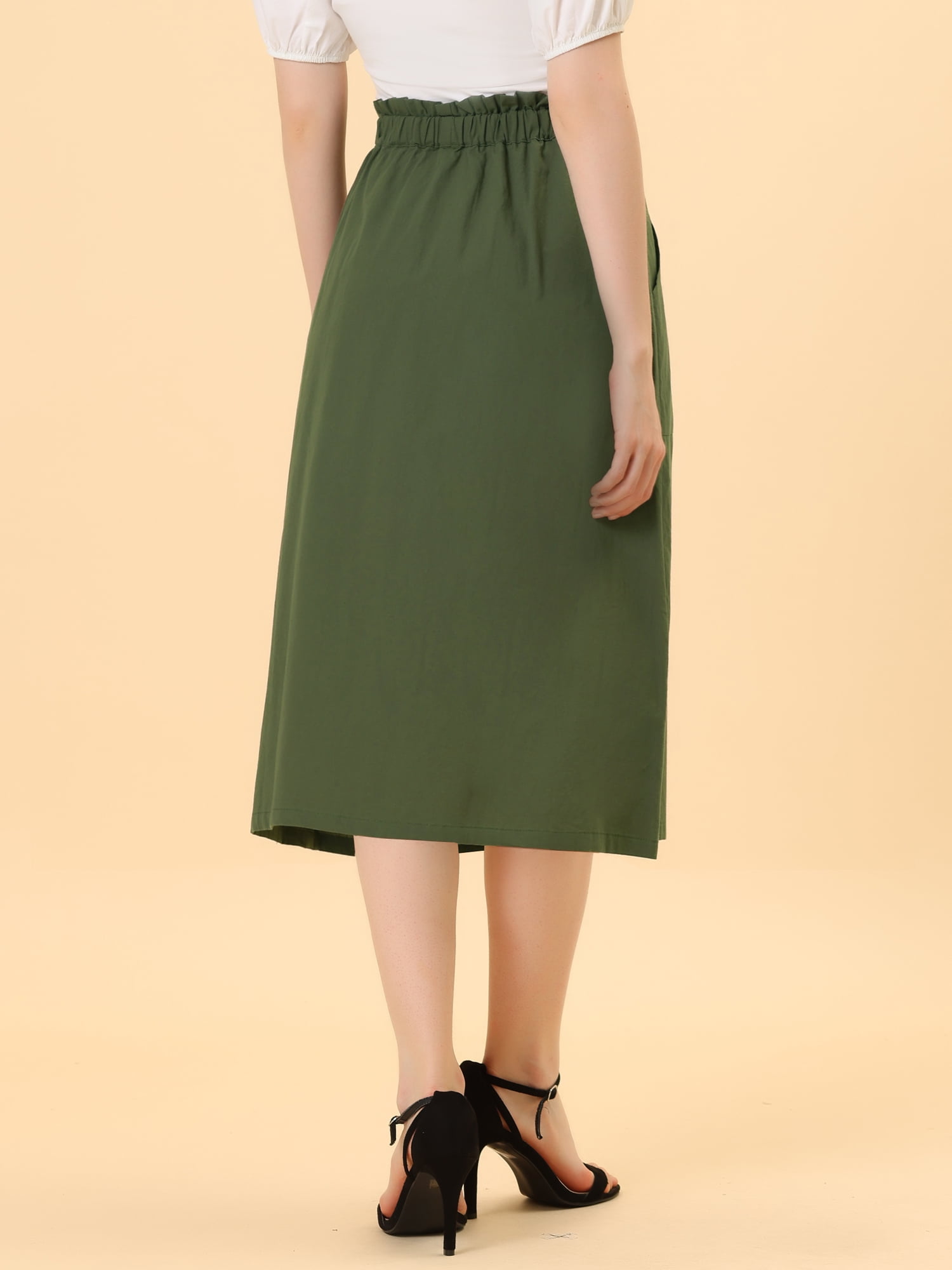 DARING DIVA Women's Cotton A-Line Midi Skirt with Pockets XS Army Green