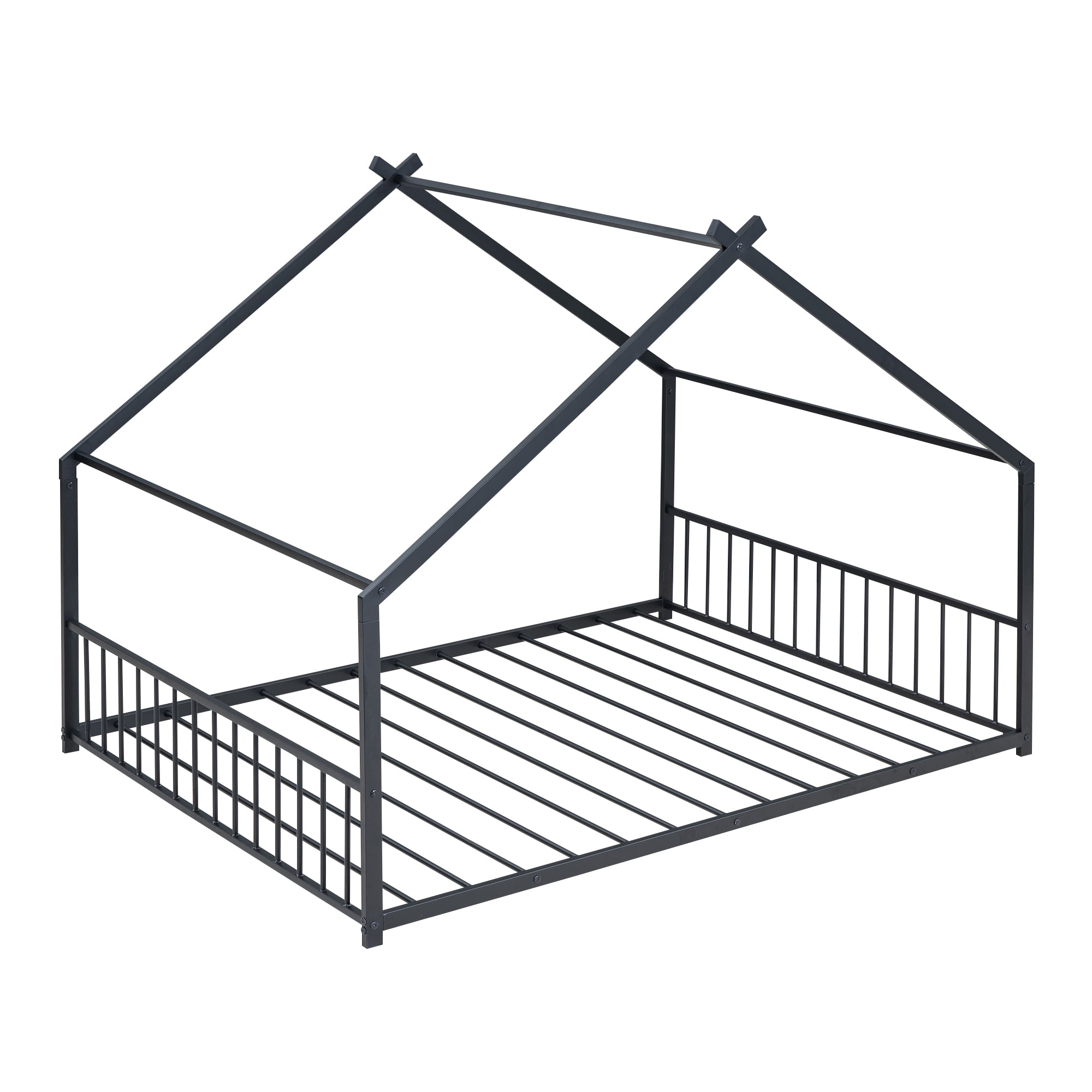 Aukfa Full Size Metal House Bed, Montessori Floor Bed for Kids Toddler, Black