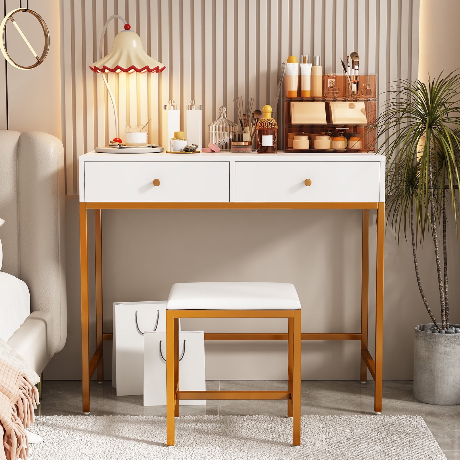 Caulitar Home Office Writing Desk with Drawers, Modern Study Table with Stool for Teens, White & Gold