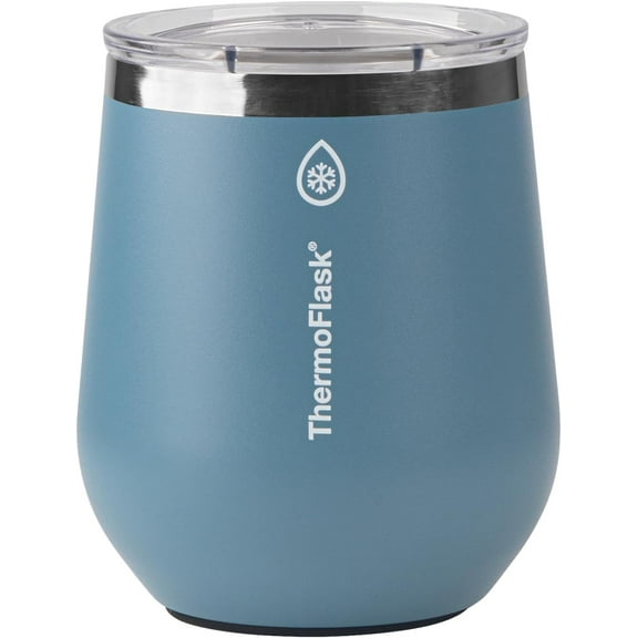 ThermoFlask Drinkware Collection - 12 oz Insulated Wine Tumbler with Leakproof Push N Sip Lid, Dusty Blue